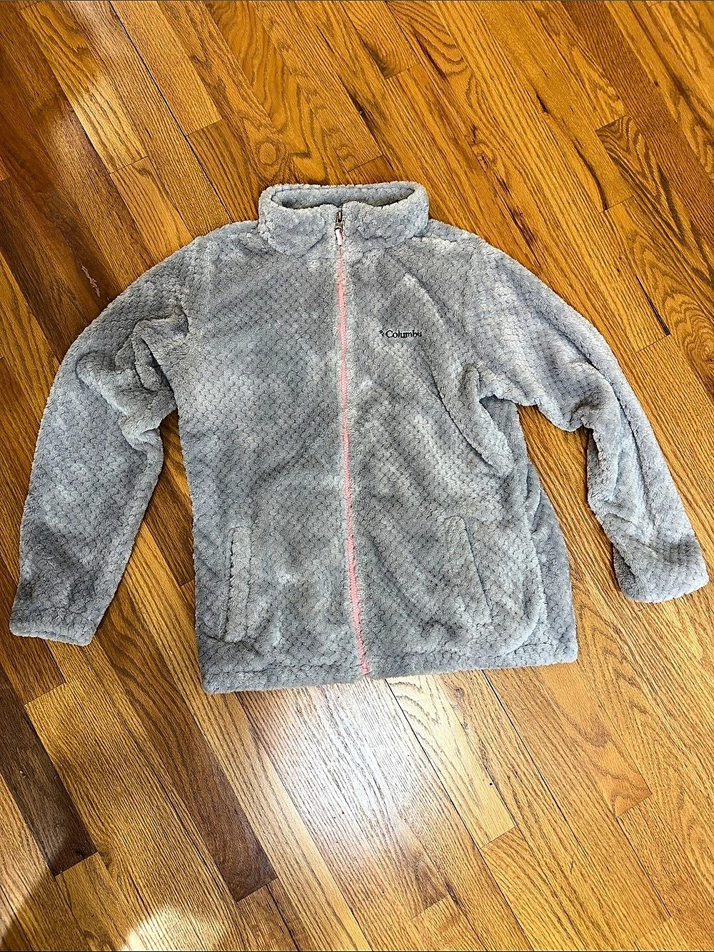 Columbia Girls’ Fire Side Sherpa Gray/Pink Fleece Zip Jacket, Size XL